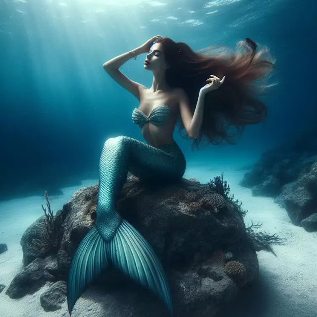 Uma linda sereia sentada em uma pedra no fundo do mar penteando os cabelos