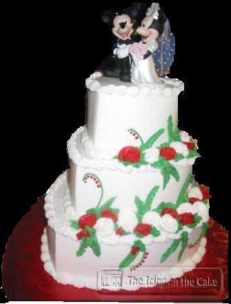 3 Tier with Mickey and Minnie Topper 3 tiered heart wedding cake covered in