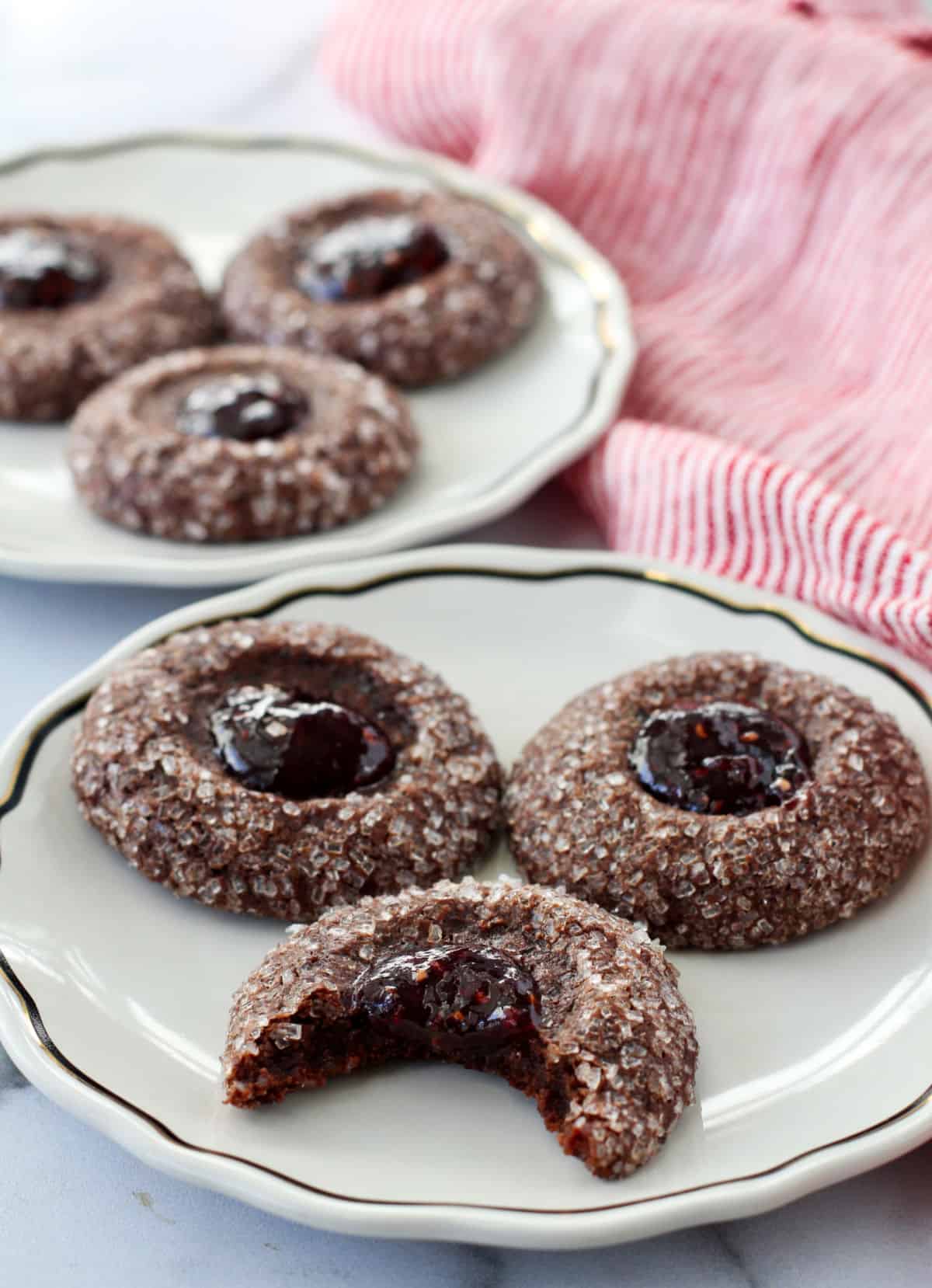 Devil's Food Thumbprint Cookies with a bite taken out.