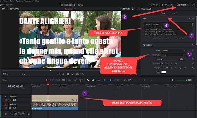 aggiunta di testo e sua personalizzazione in davinci resolve