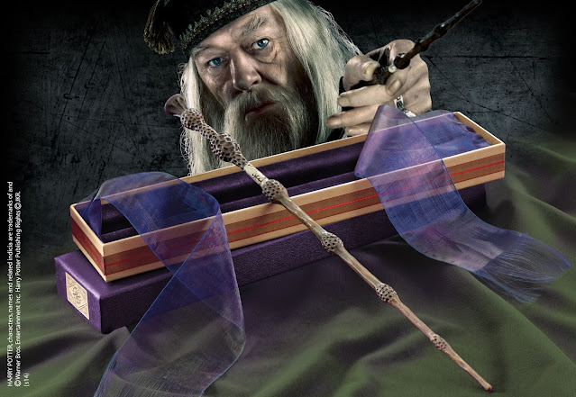 this shows the elder wand with a box and Dumbledore holding the wand in background.