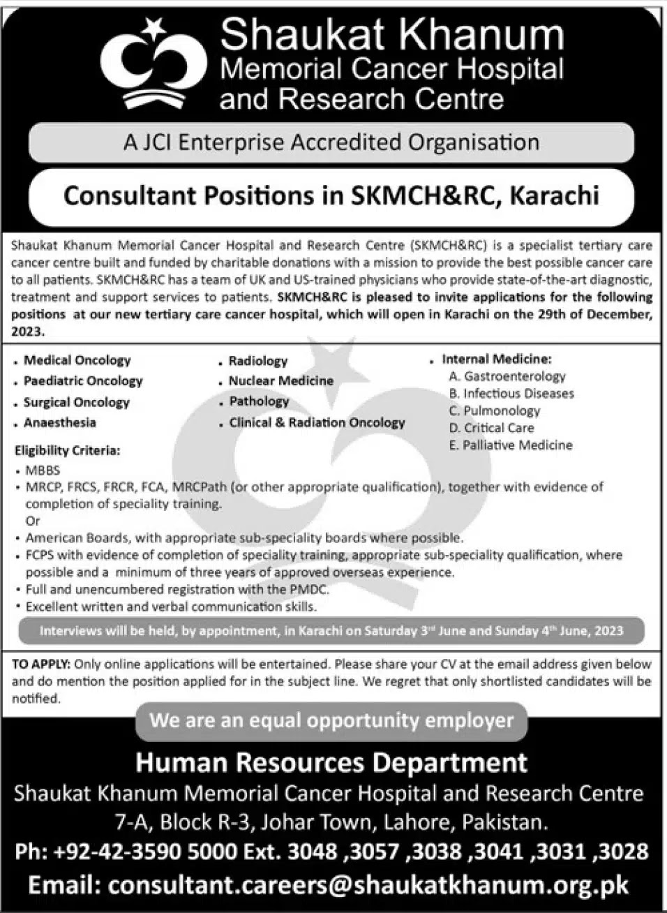 Shaukat Khanum Memorial Cancer Hospital Situation vacant 2023 Current Opportunities