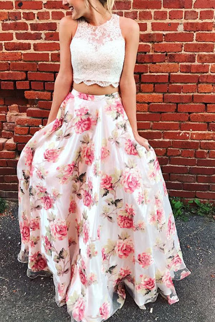 floral pink two piece prom dress