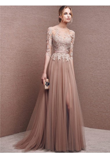  A-line Scoop Floor-length Tulle Prom Dresses/Evening Dresses #SP7336