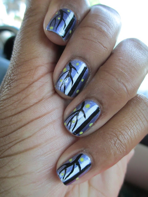 JBL Purple Rain, spooky, tree branches, forest, stars, night, scary, nail art, nail design, mani