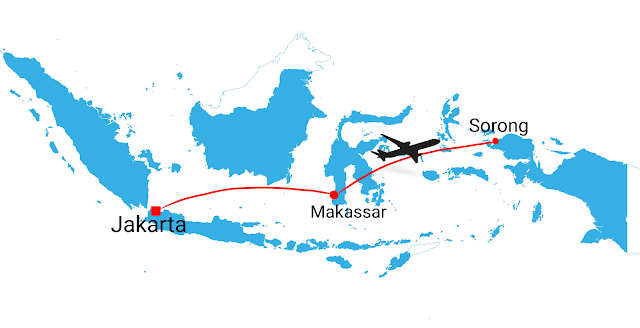 Flight route to West Papua of Indonesia