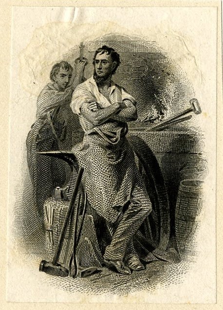 Blacksmith at centre. Second male fiugre in the background at left. Banknote design printed in black. (19th century)