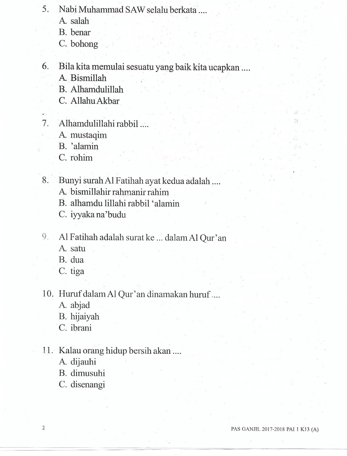 SOAL UAS GANJIL AGAMA ISLAM KELAS 1 SD TAHUN 2017