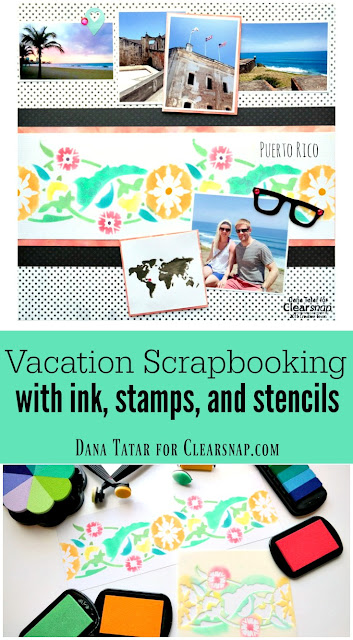 How to Use Stencils Stamps and Ink on a Vacation Scrapbook Layout by Dana Tatar