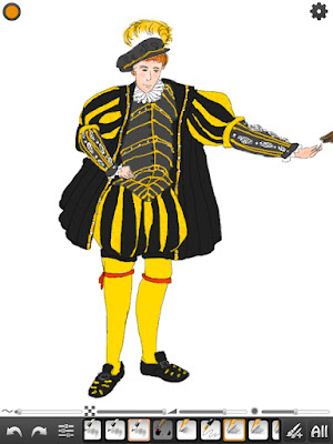 A digital sketch of a redheaded man in roughly Tudor garb, with peascod doublet and undersleeves in grey with gold and pearl embroidery, black and yellow paned slops and oversleeves, yellow hosen with red garters, and a black coat and shoes.
