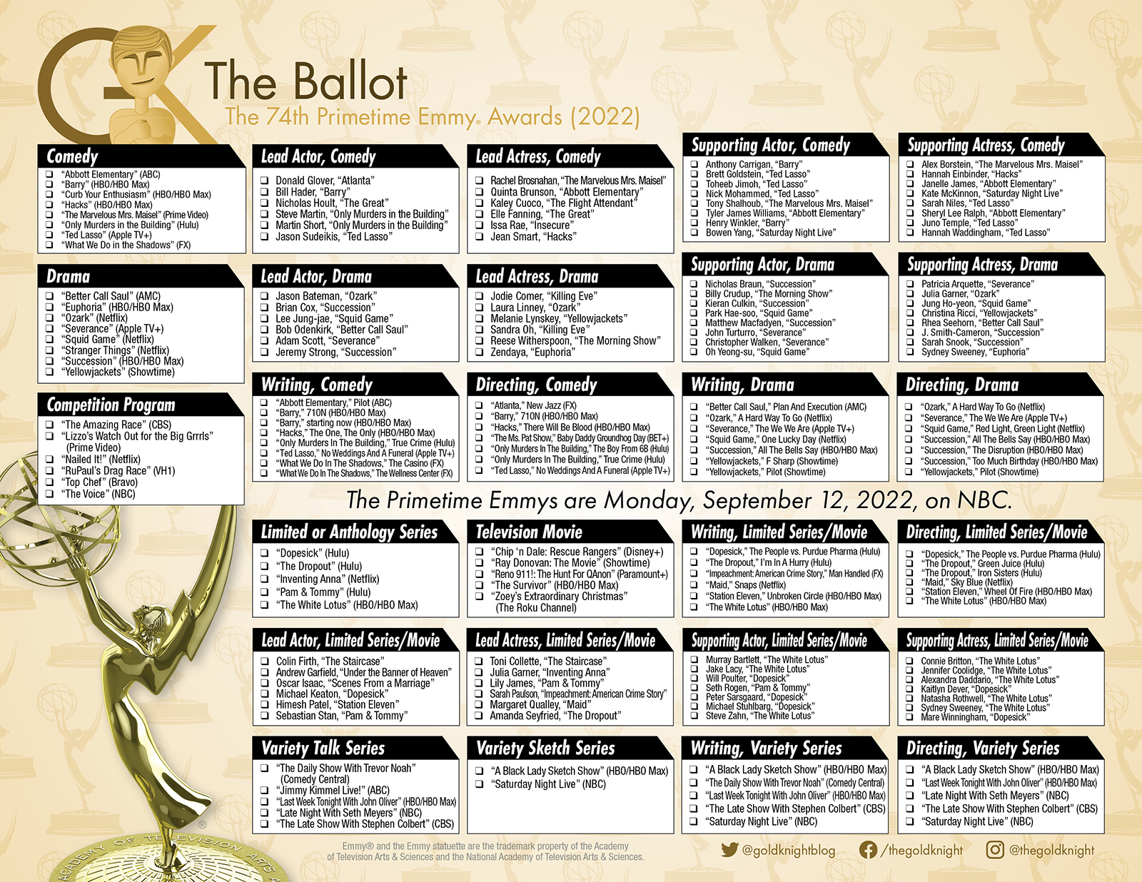 2022 Primetime Emmy Awards printable ballot The Gold Knight Latest