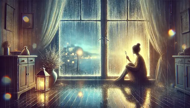 A melancholic and beautiful illustration of a person sitting by a rainy window, lost in thoughts of longing and nostalgia, reflecting on memories of a loved one.