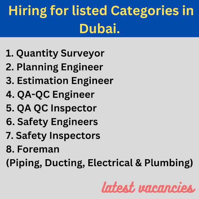 Hiring for listed Categories in Dubai.