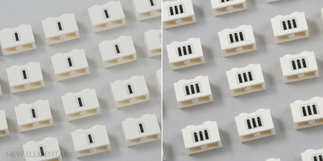 two different images of 1x2 white bricks. One with a single arched windows and the other with triple arched windows printed on the side
