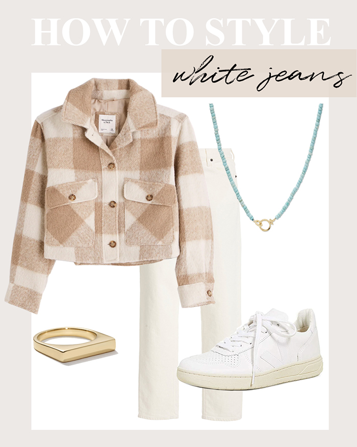 styling white jeans and plaid jacket for fall