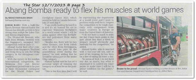 Abang Bomba ready to flex his muscles at world games - Keratan akhbar The Star 12 July 2023