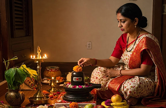 Image of a mother worshipping Shiva and Goddess Sasthi with the origin stories of Nil Shasthi Vrat.