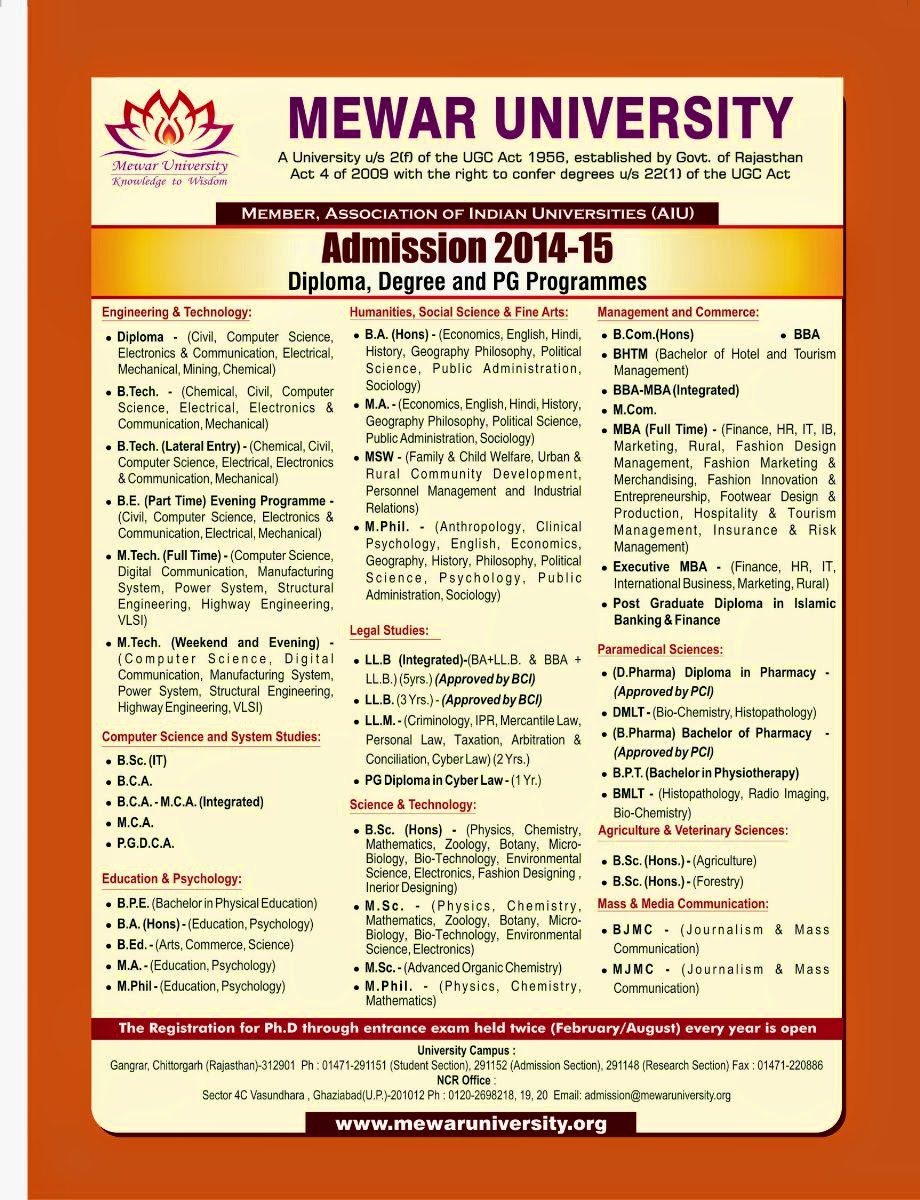 Mewar University 2014 Admission Details Ug Pg Bca Mba Mca Be