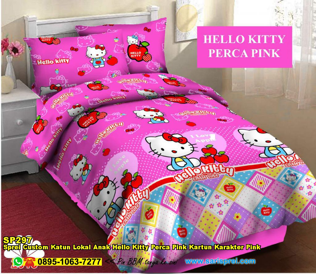 Sprei Custom Katun Lokal Anak Hello Kitty Perca Pink Kartun Karakter