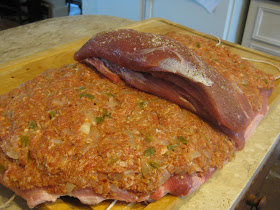 Food Lust People Love: Double Pork Stuffed Pork Roast is pork belly with crackling, stuffed with two pork tenderloins and sausage stuffing made with ground pork and Italian sausage.