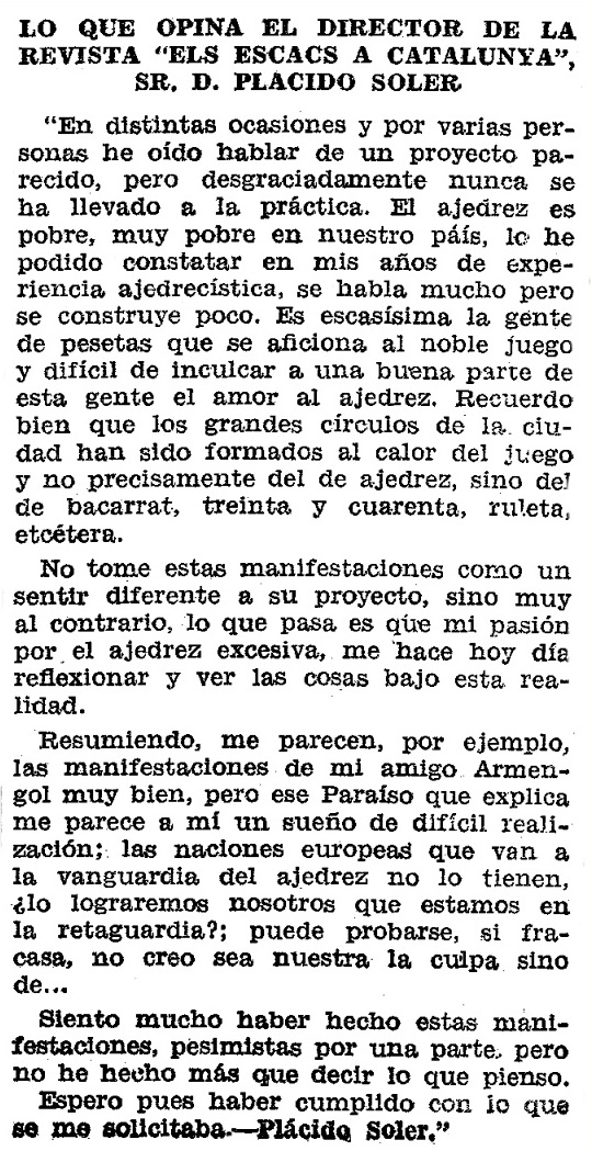 Artículo de ajedrez de Plàcid Soler Bordas en 1930