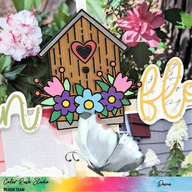 Dana Tatar documents her memories in her back garden on a scrapbook layout using the Simple Stories Simple Vintage Spring Garden collection.