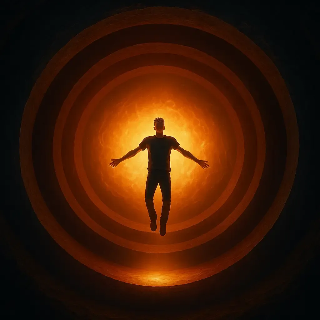 A person suspended at the Earth's center surrounded by concentric glowing rings