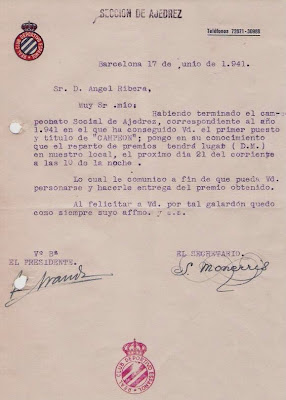 Carta de la Sección de Ajedrez del Real Club Deportivo Español 1941