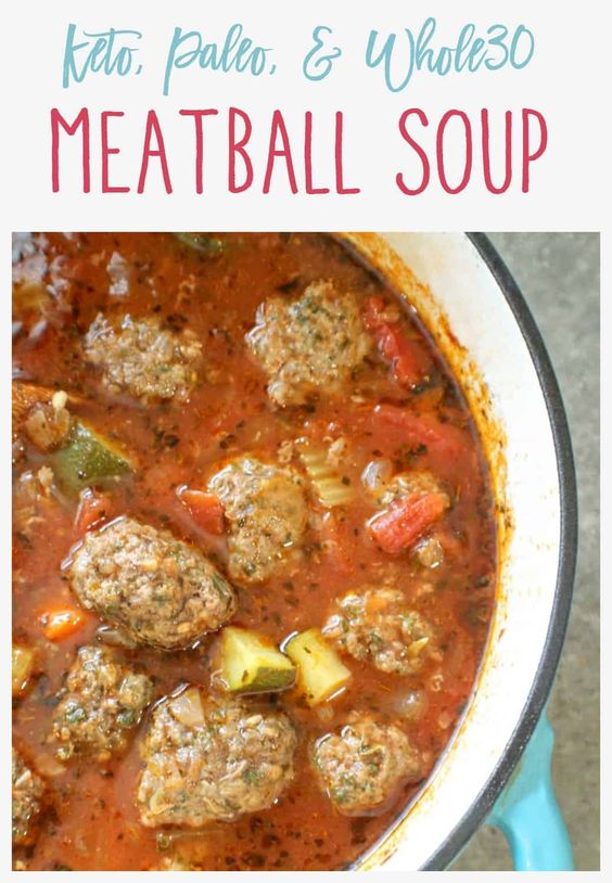 This meatball soup is easy to prepare, hearty, and loaded with fresh veggies and flavor. Best of all, the meatballs can be made ahead of time and it freezes nicely. #Keto #KetoDinner #MeatballSoup #Whole30 #LowCarb #PaleoMeatballSoup #PaleoDinner #MealPrep #Keto #KetoFreezerDinner #KetoMeatballSoup