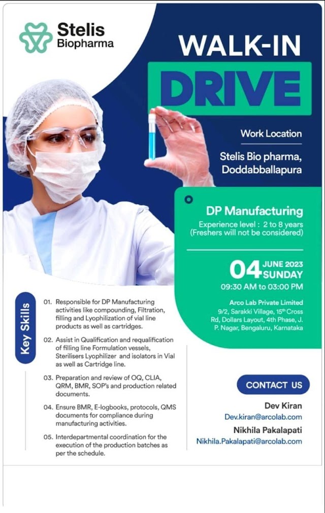 Stelis BioPharma | Walk-in Interview for DP Manufacturing on 4th June 2023