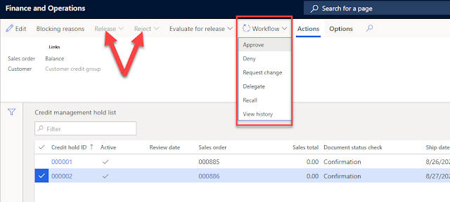 A view of the Credit management release workflow from the Credit management hold list. 