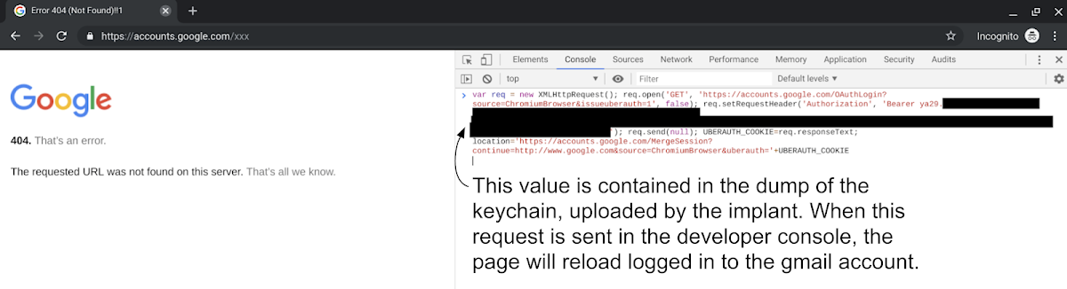 This image contains a screenshot of Chrome Developer tools, using the value that is contained in the keychain, uploaded by the implant. When the pictured request is sent in the developer console, the page will reload logged into the gmail account.