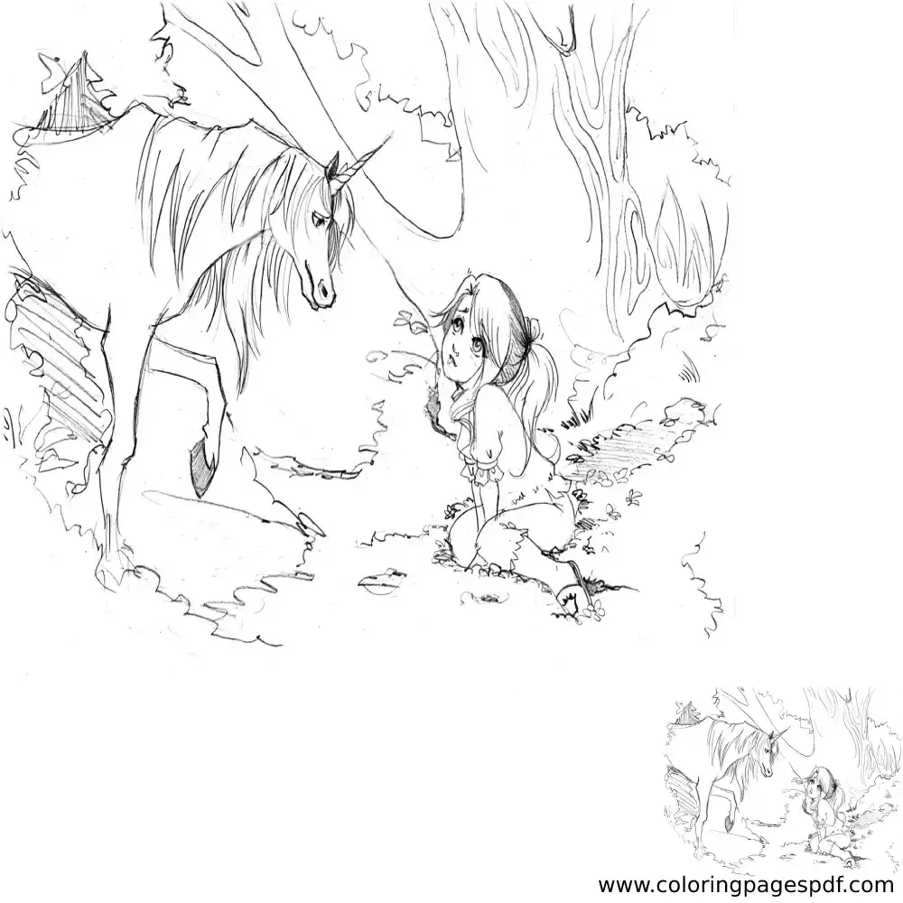 Coloring Page Of A Unicorn Finding A Girl