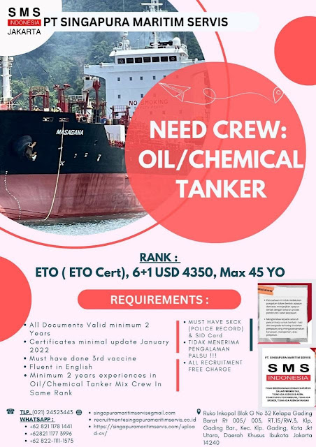 Rekruitmen Pelaut Kapal Chemical Tanker Terbaru Bulan Oktober
