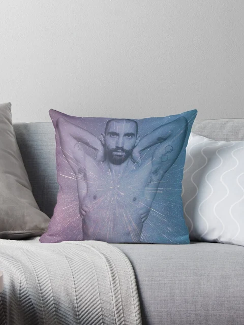 Sexy male posing on home decor pillow