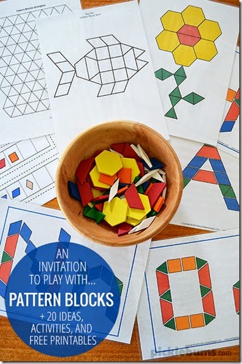 FREE printable pattern block sets to help preschool and kindergarten children practice their alphabet letters, numbers, shapes, patterns, create picture, and more!