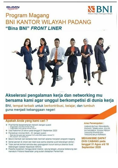 Lowongan Kerja Bina Bank BNI FrontLiner Tingkat SMA D3 S1 September 2020