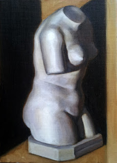 Oil painting of a plaster cast of a female torso sans head and arms.