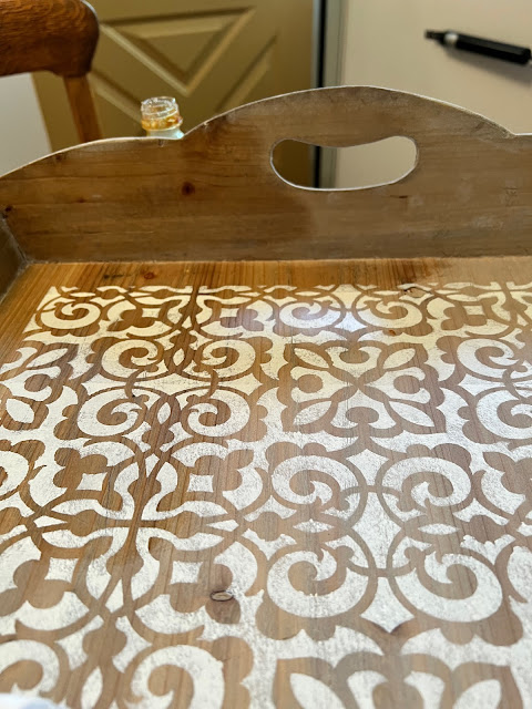 Photo of Goodwill tray upcycled with a Moroccan stencil and hemp oil.