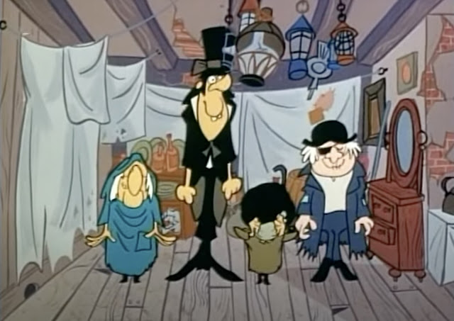 Screenshot from the 1962 animated film Mr. Magoo's Christmas Carol showing Scrooge's scraggly servants at the rag picker/junk collector's store selling Scrooge's possessions.