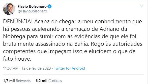 O senador Flávio Bolsonaro alertou, através de um tuíte, nesta quarta-feira (12), que querem “acelerar a cremação de Adriano da Nóbrega para sumir com as evidências de que ele foi brutalmente assassinado”.