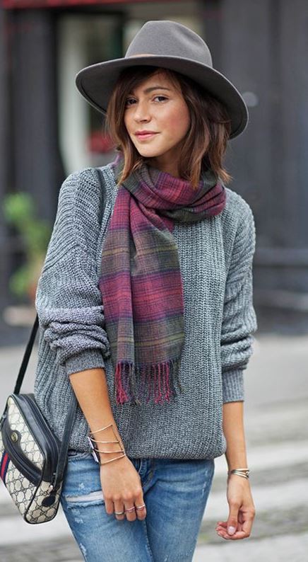 how to style a scarf : hat + grey sweater + bag + jeans