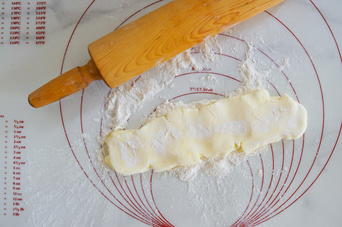 butter coated in flour, pounded thin for pie crust