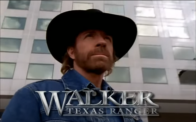 Still frame from the season 3 intro for "Walker, Texas Ranger" with the logo on top of Chuck Norris.