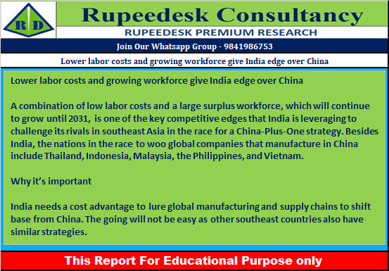 Lower labor costs and growing workforce give India edge over China - Rupeedesk Reports - 28.11.2022