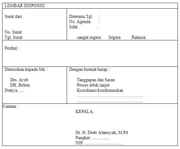 Contoh Lembar Disposisi Surat Masuk.