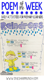 This rain poem is the perfect way to incorporate poetry activities into your daily lessons this spring!  By using a poem of the week, you help build reading fluency, phonics and phonemic awareness skills, comprehension, concepts of print and more!  Don’t forget to check out the great poetry writing prompt perfect for creating a copycat poem!