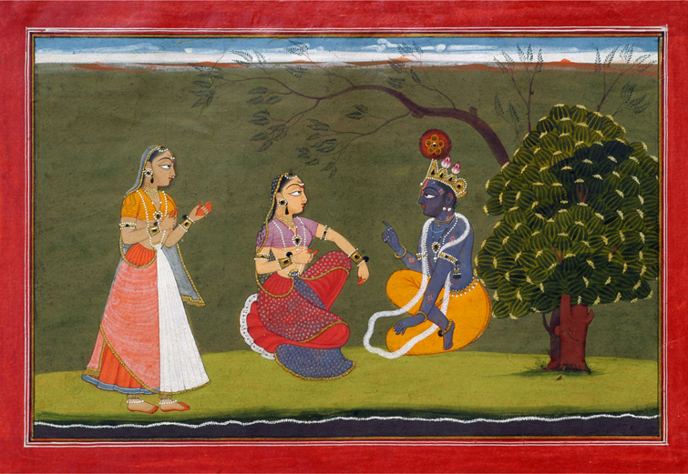 Radha and Krishna in Discussion (An illustration from Gita Govinda) -  Basohli Painting Circa 1730  