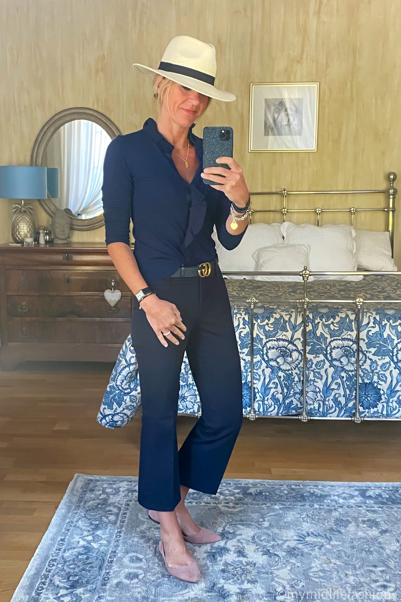 my midlife fashion, zara Panama hat, j crew ruffle detail crew neck cardigan, Gucci logo belt, j crew cropped kick flare trousers, h and m pointed cut out ballet pumps
