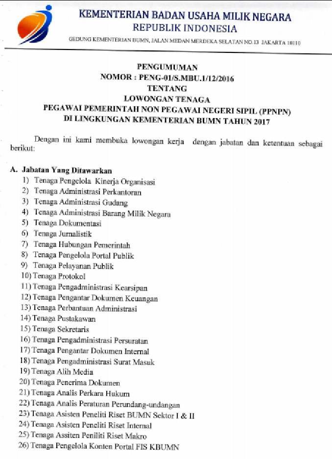 PENERIMAAN BESAR-BESARAN PEGAWAI PEMERINTAH NON PNS KEMENTERIAN BUMN TAHUN 2017 (BANYAK PILIHAN POSISI/JABATAN)